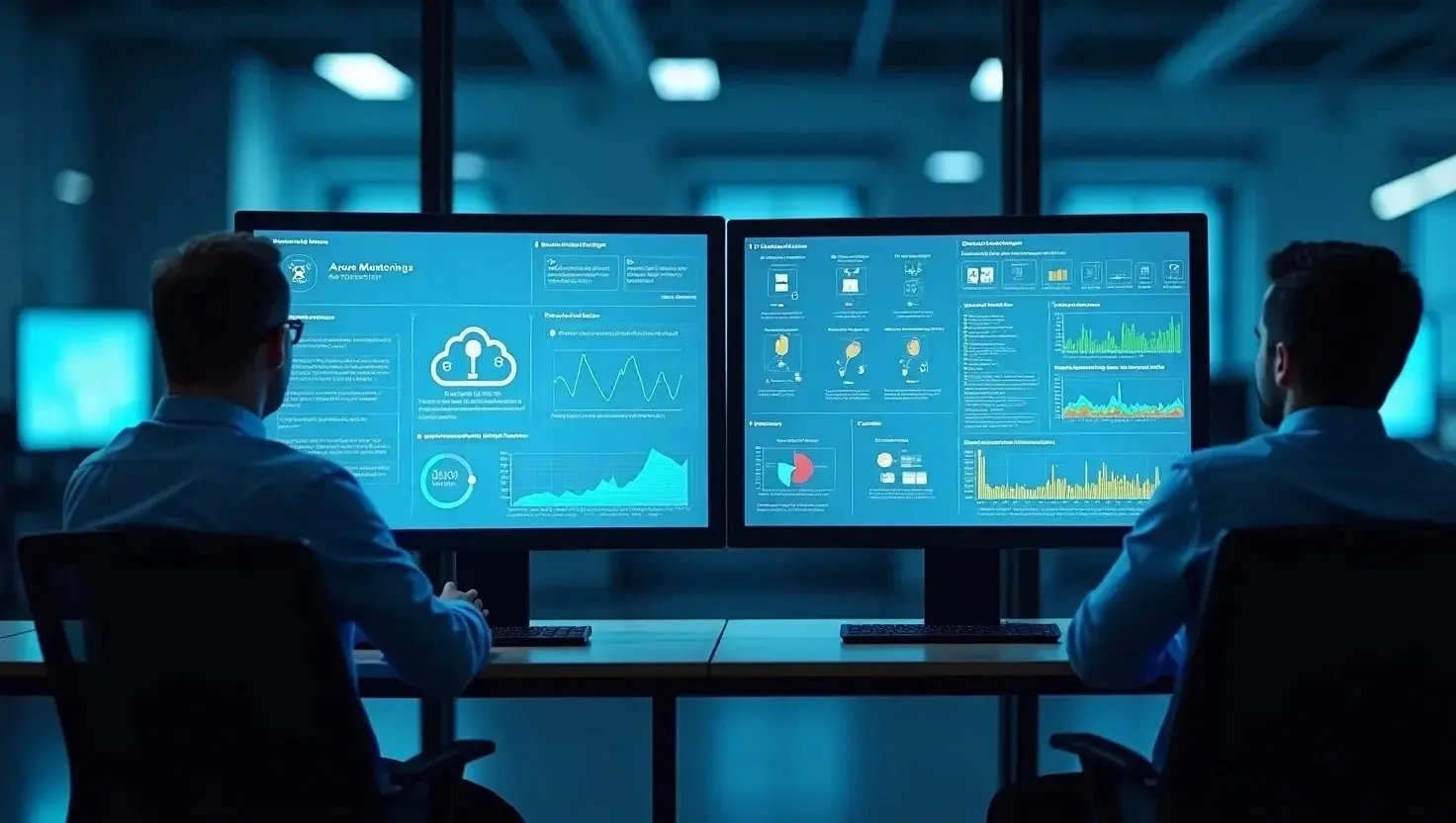 Two individuals working at a desk with large computer monitors displaying various data visualisations and analytics.