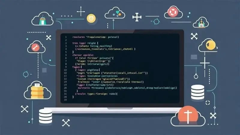 Illustration of a laptop displaying code with surrounding icons representing cloud computing and technology.