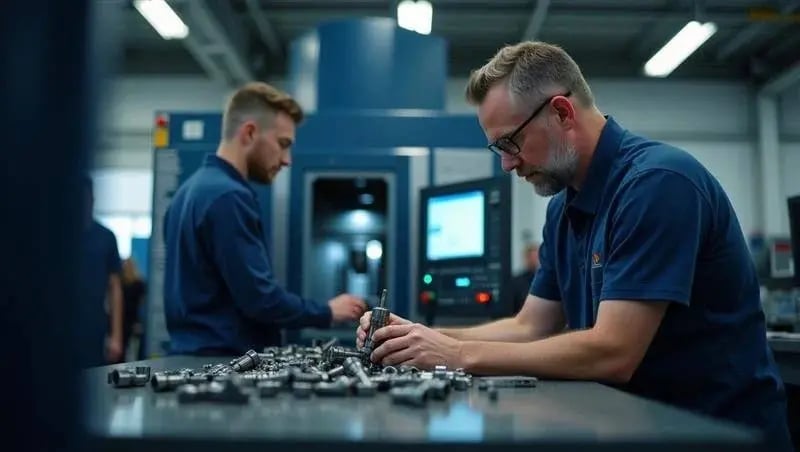 Two people working in a high-tech factory, one at a table with metal parts, another operating a CNC machine.