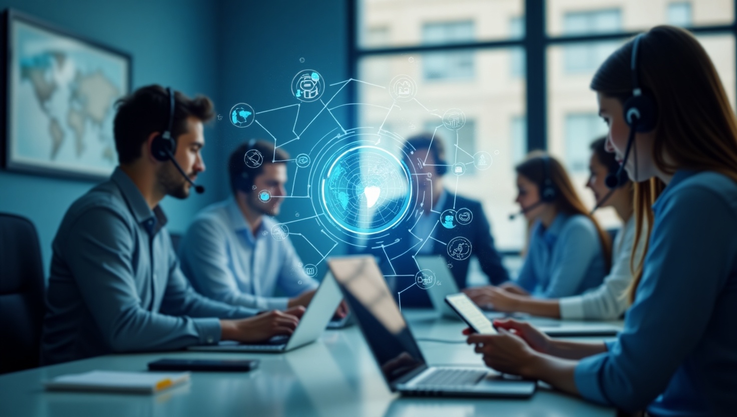 IT support team assisting in a modern office setting with digital tools and devices.
