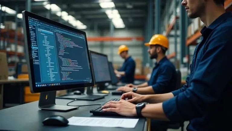 A person in a warehouse, wearing a safety helmet, seated at a desk with a computer and a phone.