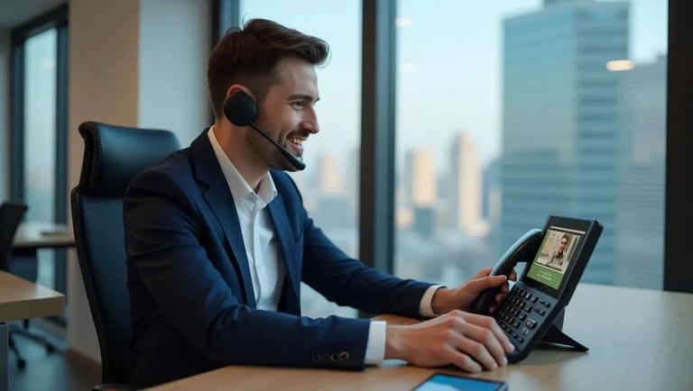 A person in a business suit sits at a desk in an office with large windows, wearing a headset, and using a video phone.