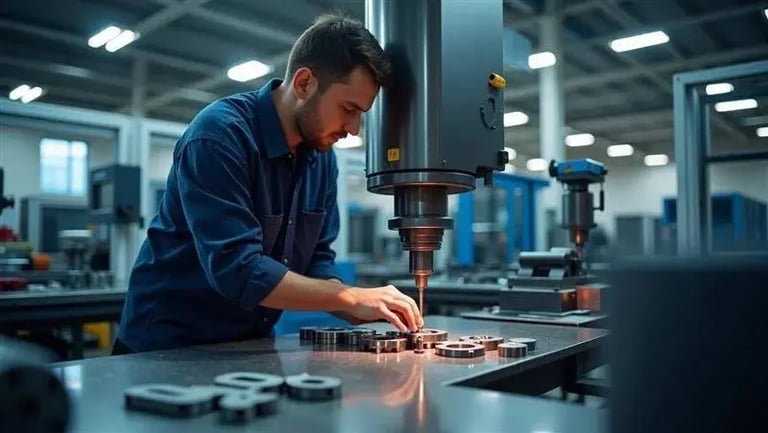 A person operating a large industrial machine in a factory, wearing a blue work shirt and adjusting metal components on a workbench.