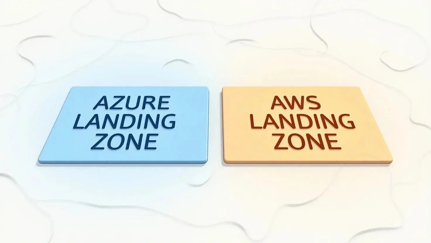 Two signs side by side: "AZURE LANDING ZONE" in blue and "AWS LANDING ZONE" in orange. 