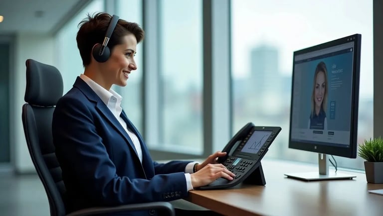 A person in a business suit, seated at a desk in an office, wearing a headset and using a computer and phone.