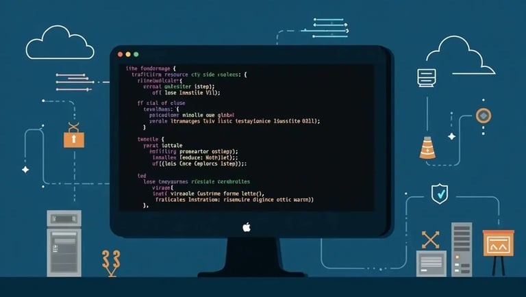 A computer monitor displaying a code editor with various cloud computing and data storage icons