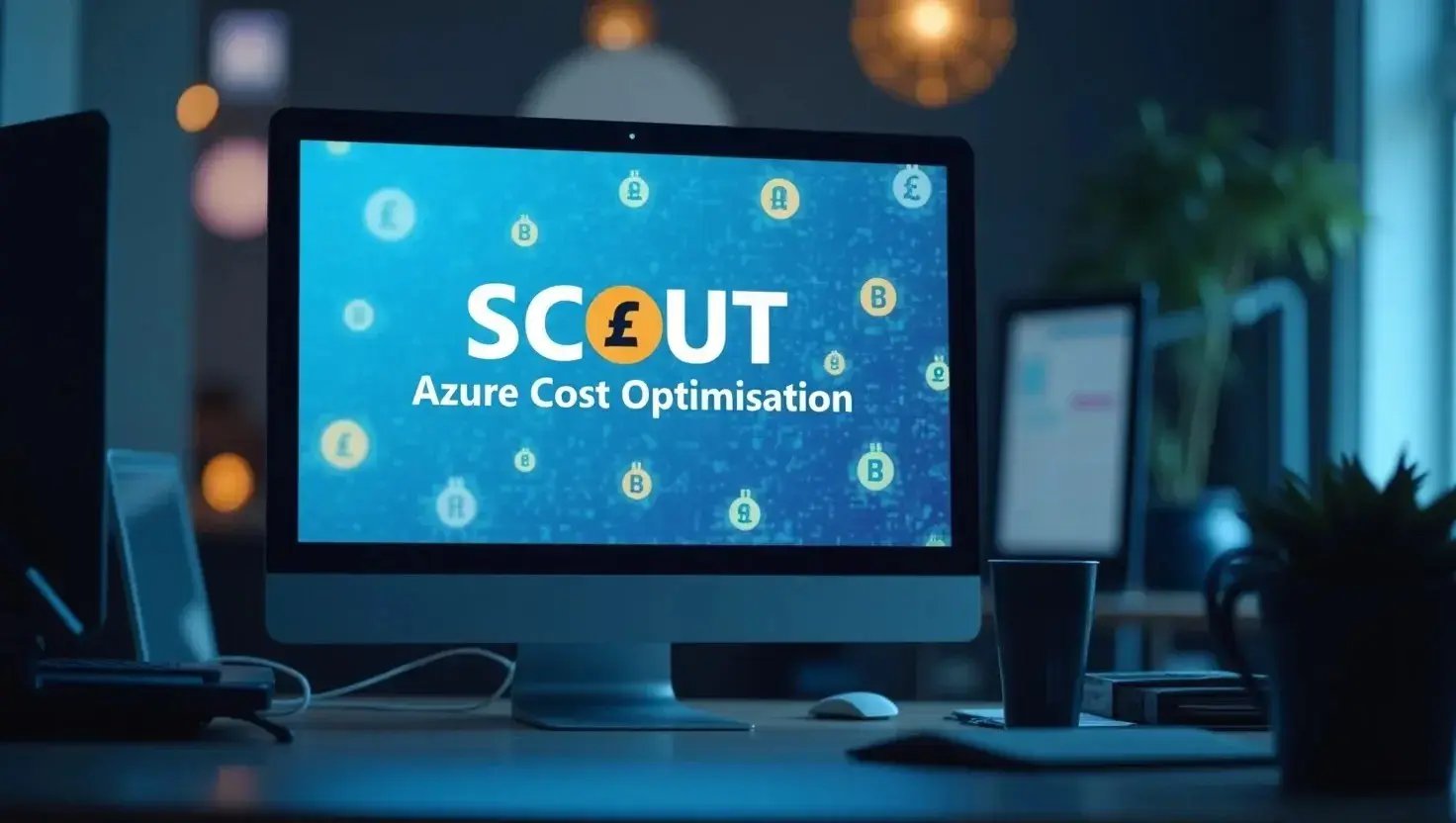 Computer monitor displaying 'SCOUT Azure Cost Optimisation' against a backdrop of currency symbols.
