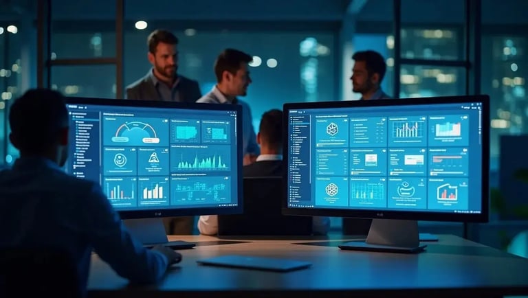 Two large computer monitors displaying data dashboards with charts and graphs in a modern office setting.