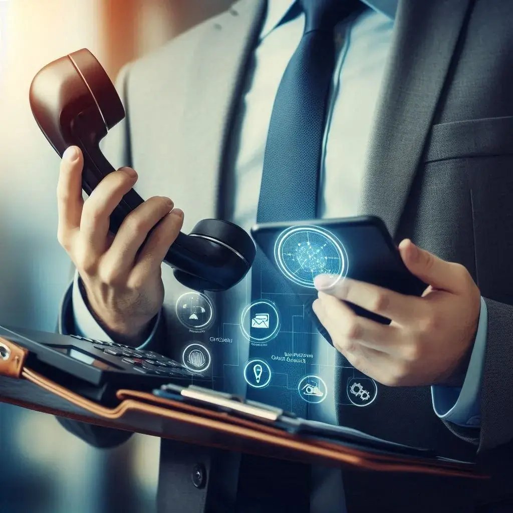 A person holding both a modern telephone and a smartphone, interacting with a holographic VoIP interface. 
