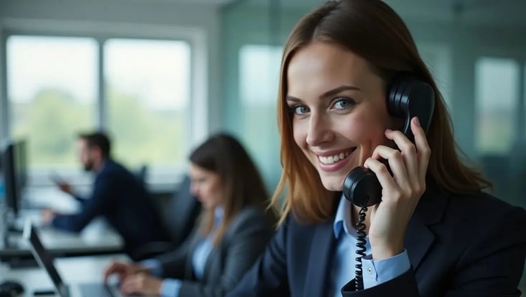 A person in an office, speaking on a telephone, with two others working on computers in the background.